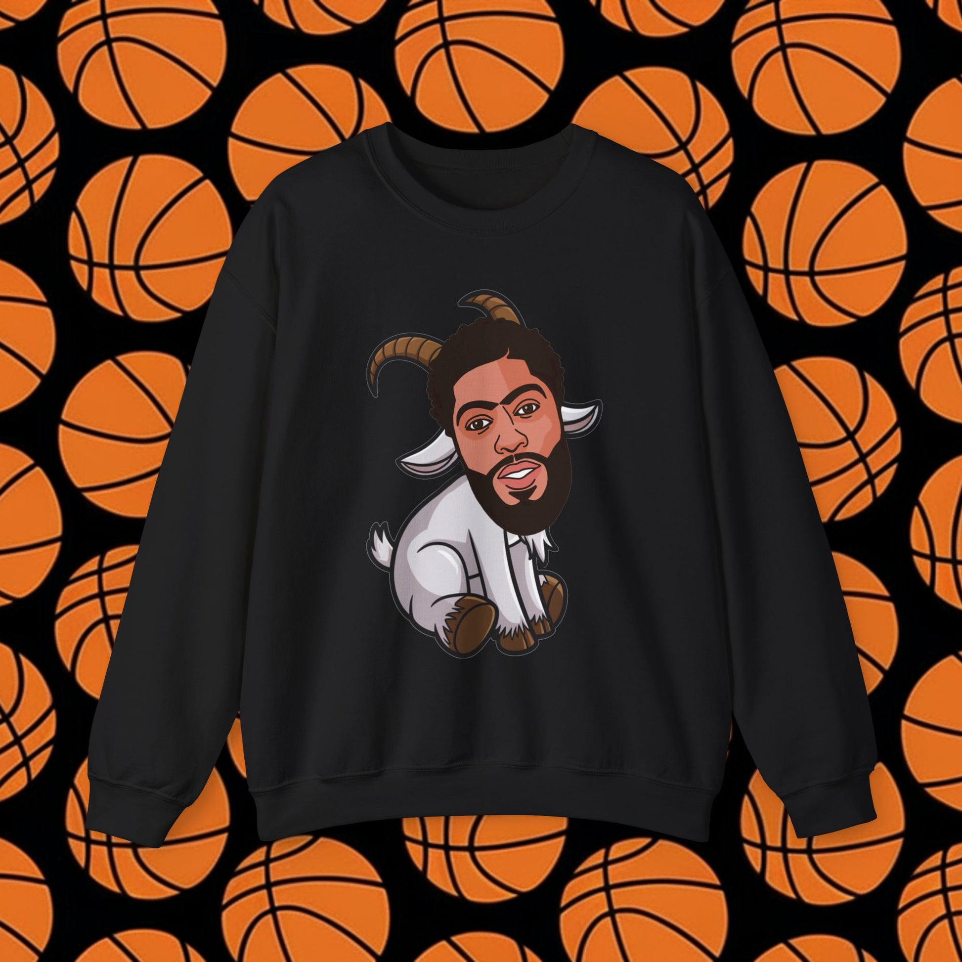 Anthony Davis GOAT Sweatshirt - Funny Unibrow Basketball Meme Jumper - Greatest of All Time Pullover for Basketball Fans - Perfect Gift for AD Fans Black Sweatshirts Anthony Davis Basketball Dallas Mavericks G.O.A.T. NBA Printify