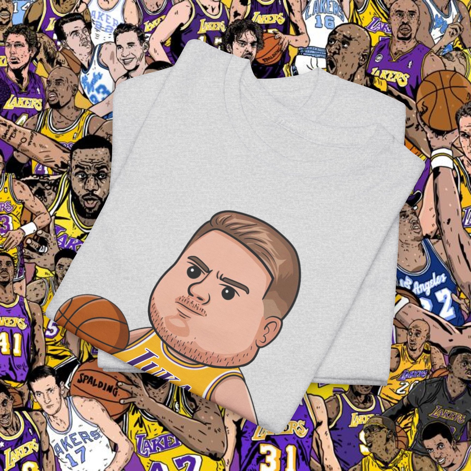 Fat Luka Doncic Los Angeles Lakers NBA Basketball Funny Meme Cartoon Unisex Heavy Cotton Tee T-shirts Basketball Los Angeles Lakers Luka Doncic NBA Printify