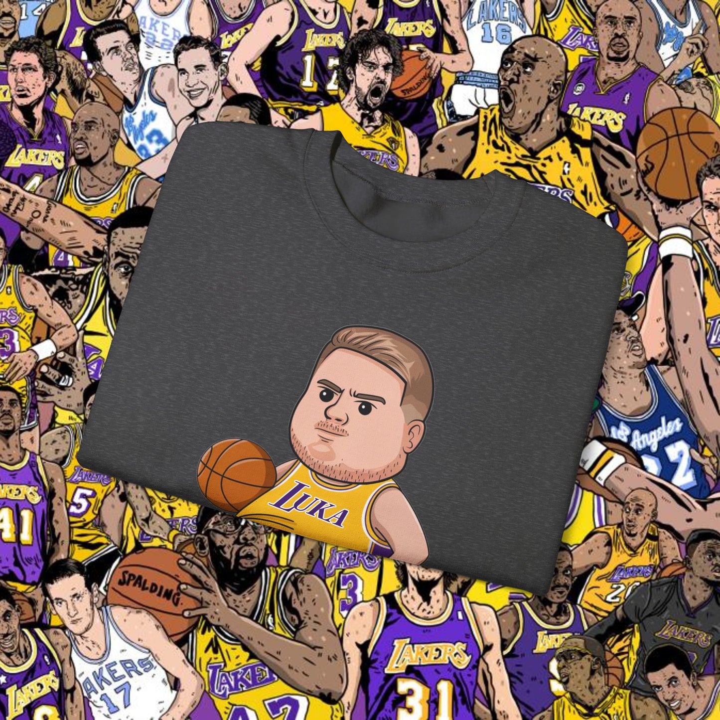 Fat Luka Doncic Los Angeles Lakers NBA Basketball Funny Meme Cartoon Crewneck Sweatshirt Sweatshirts Basketball Los Angeles Lakers Luka Doncic NBA Printify