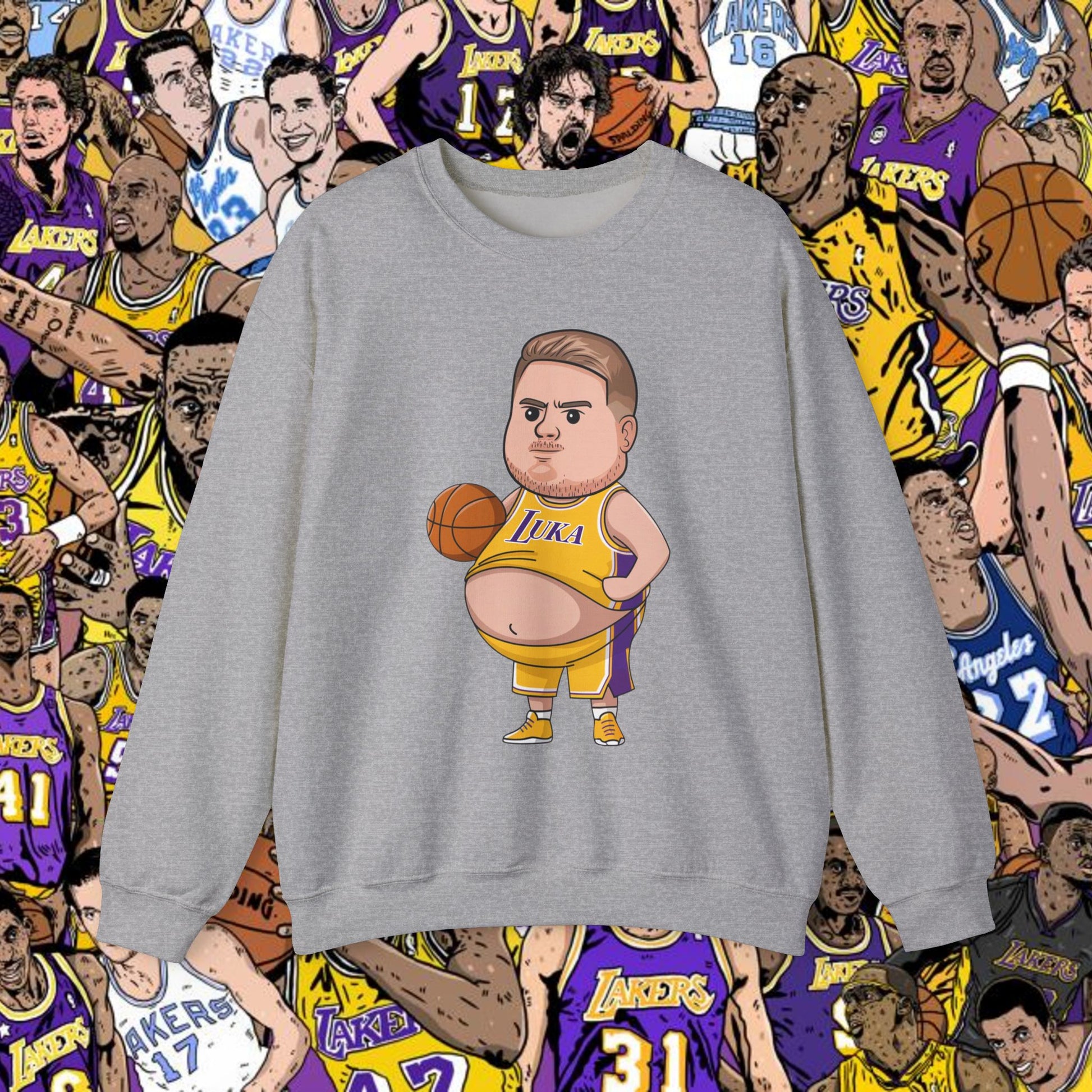 Fat Luka Doncic Los Angeles Lakers NBA Basketball Funny Meme Cartoon Crewneck Sweatshirt Sport Grey Sweatshirts Basketball Los Angeles Lakers Luka Doncic NBA Printify