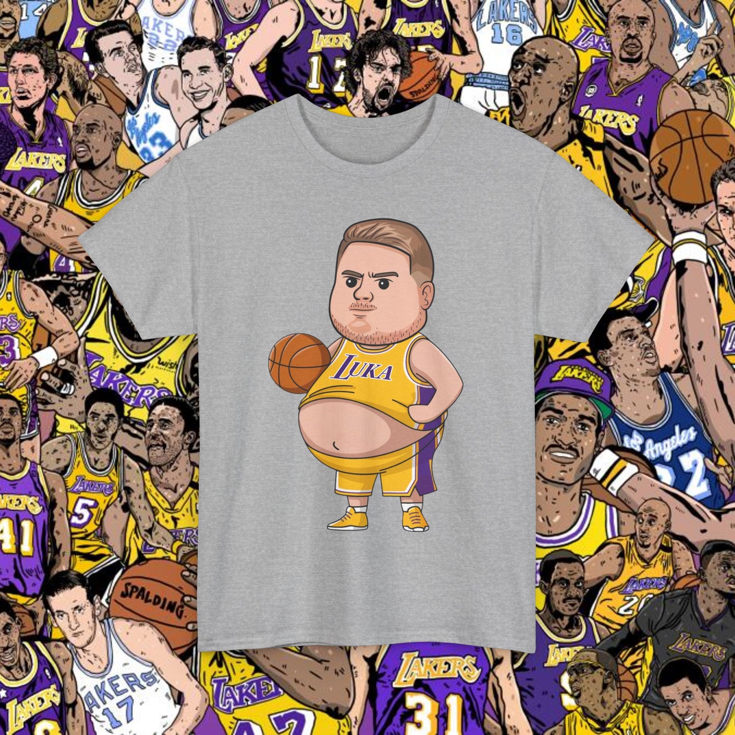 Fat Luka Doncic Los Angeles Lakers NBA Basketball Funny Meme Cartoon Unisex Heavy Cotton Tee Sport Grey T-shirts Basketball Los Angeles Lakers Luka Doncic NBA Printify