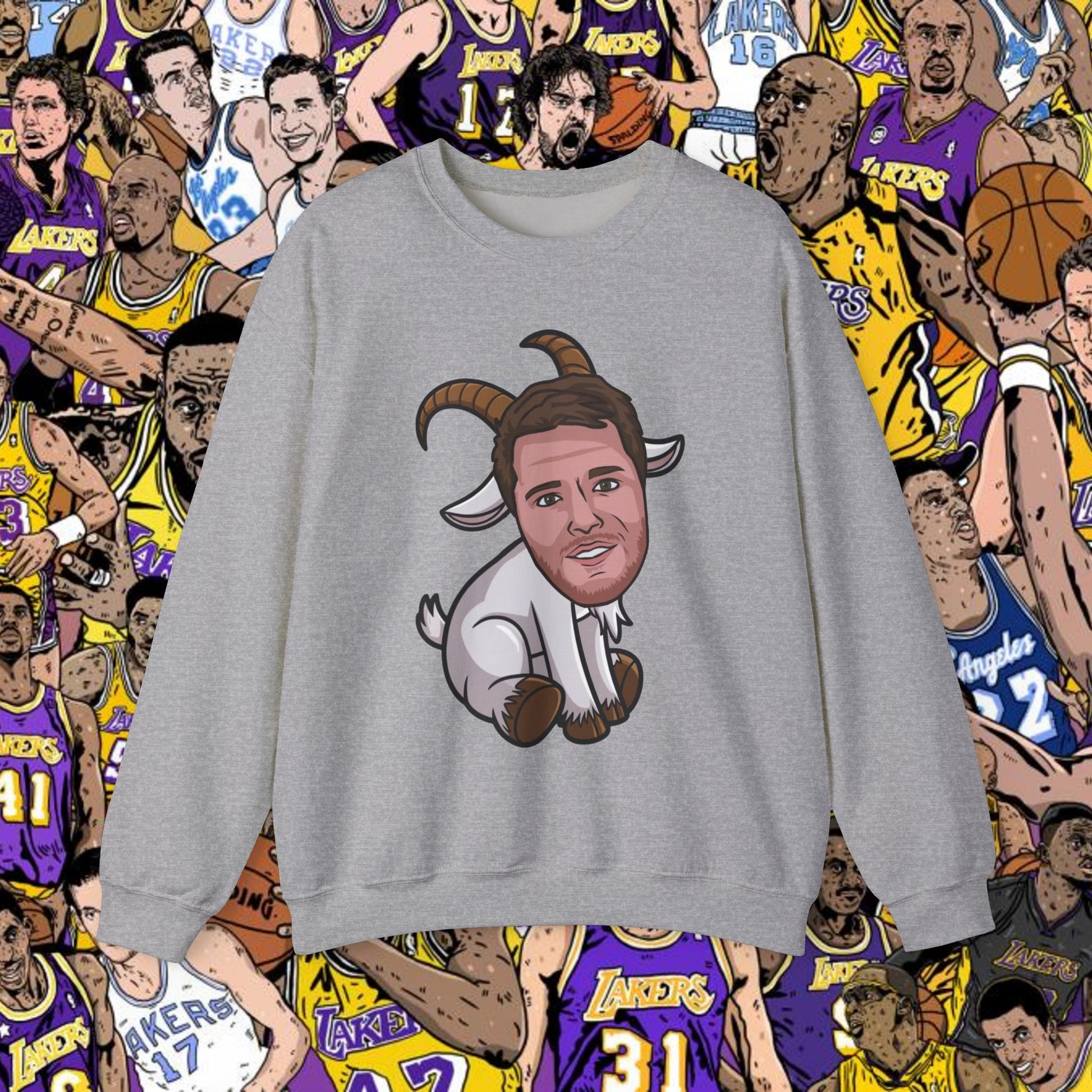 Luka Doncic G.O.A.T. Sweatshirt - Funny Basketball Meme Jumper - Greatest of All Time Pullover for Basketball Fans - Perfect Gift for Luka Fans Sport Grey Sweatshirts Basketball G.O.A.T. Los Angeles Lakers Luka Doncic NBA Printify