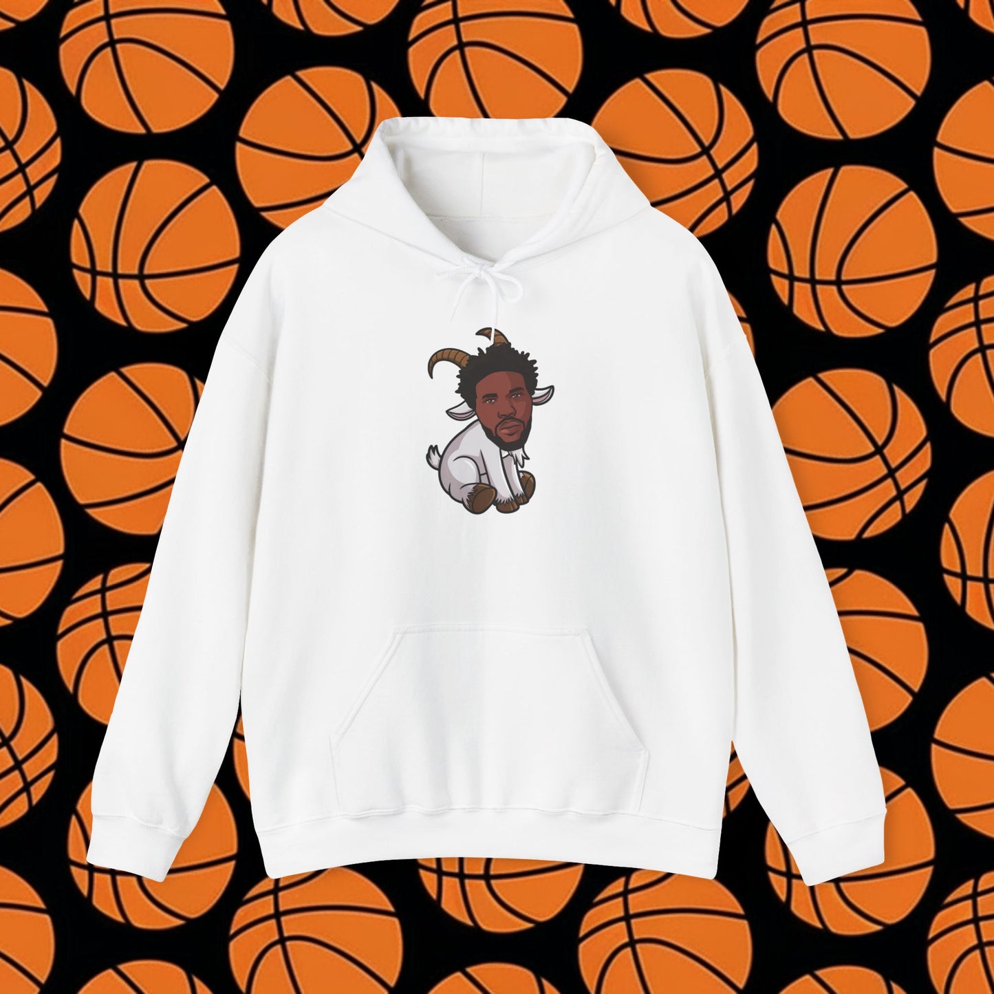 Joel Embiid G.O.A.T. Hoodie - Funny Basketball Meme Sweatshirt - Greatest of All Time Pullover for Basketball Fans - Perfect Gift for Joel Embiid Fans White Hoodies Basketball G.O.A.T. Joel Embiid NBA Philadelphia 76ers Printify