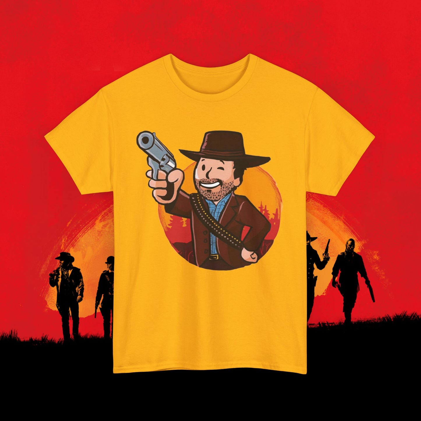 Cowboy Red Dead Redemption Vault Boy Fallout Funny Meme Cartoon Mashup Unisex Heavy Cotton Tee