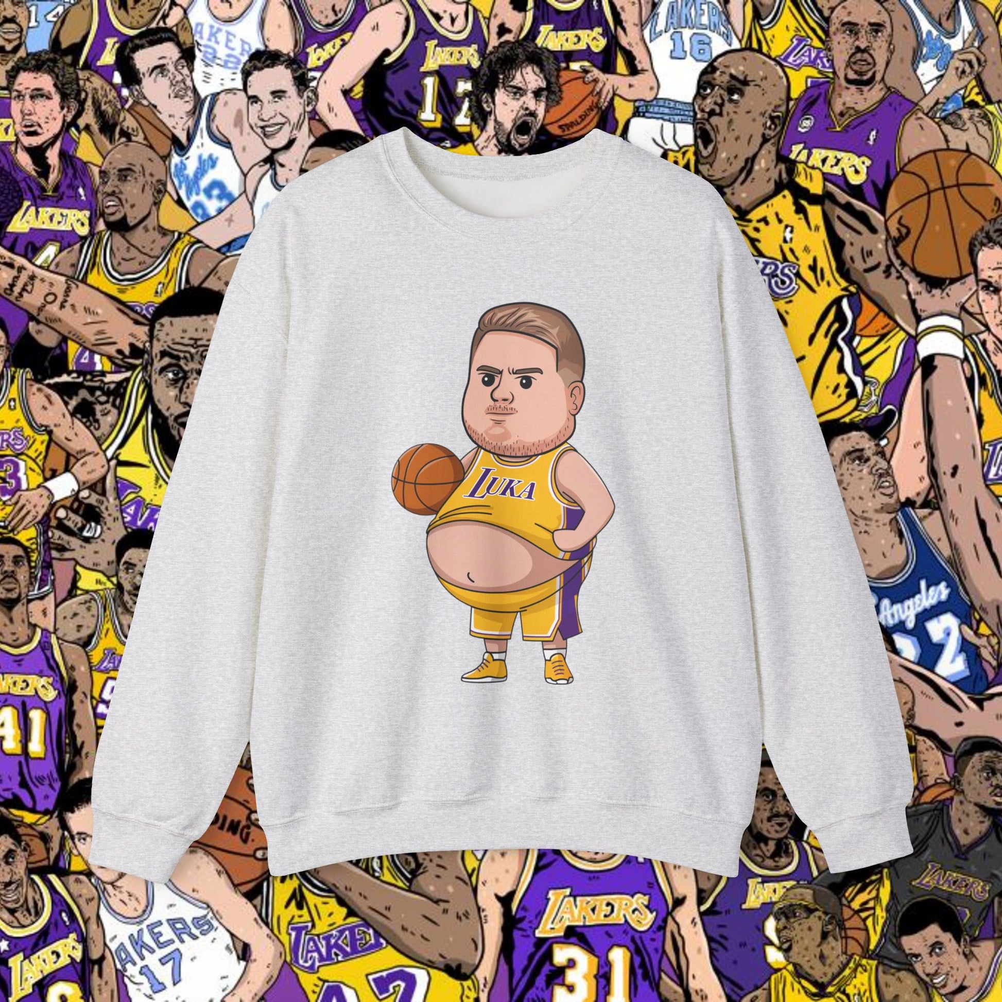 Fat Luka Doncic Los Angeles Lakers NBA Basketball Funny Meme Cartoon Crewneck Sweatshirt Ash Sweatshirts Basketball Los Angeles Lakers Luka Doncic NBA Printify