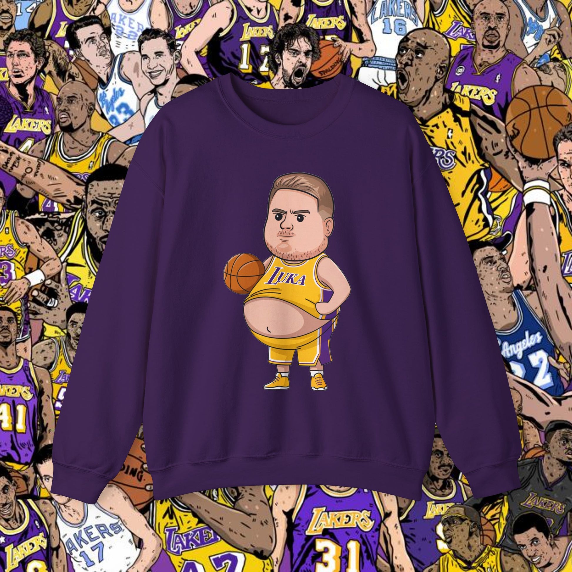 Fat Luka Doncic Los Angeles Lakers NBA Basketball Funny Meme Cartoon Crewneck Sweatshirt Purple Sweatshirts Basketball Los Angeles Lakers Luka Doncic NBA Printify