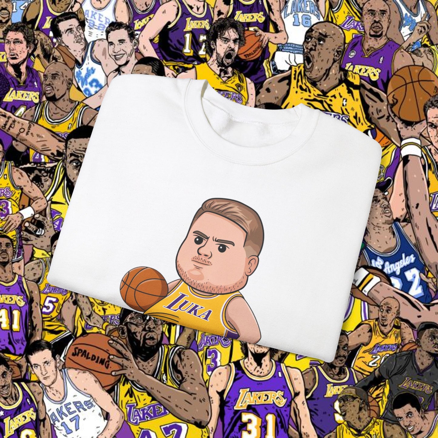 Fat Luka Doncic Los Angeles Lakers NBA Basketball Funny Meme Cartoon Crewneck Sweatshirt Sweatshirts Basketball Los Angeles Lakers Luka Doncic NBA Printify