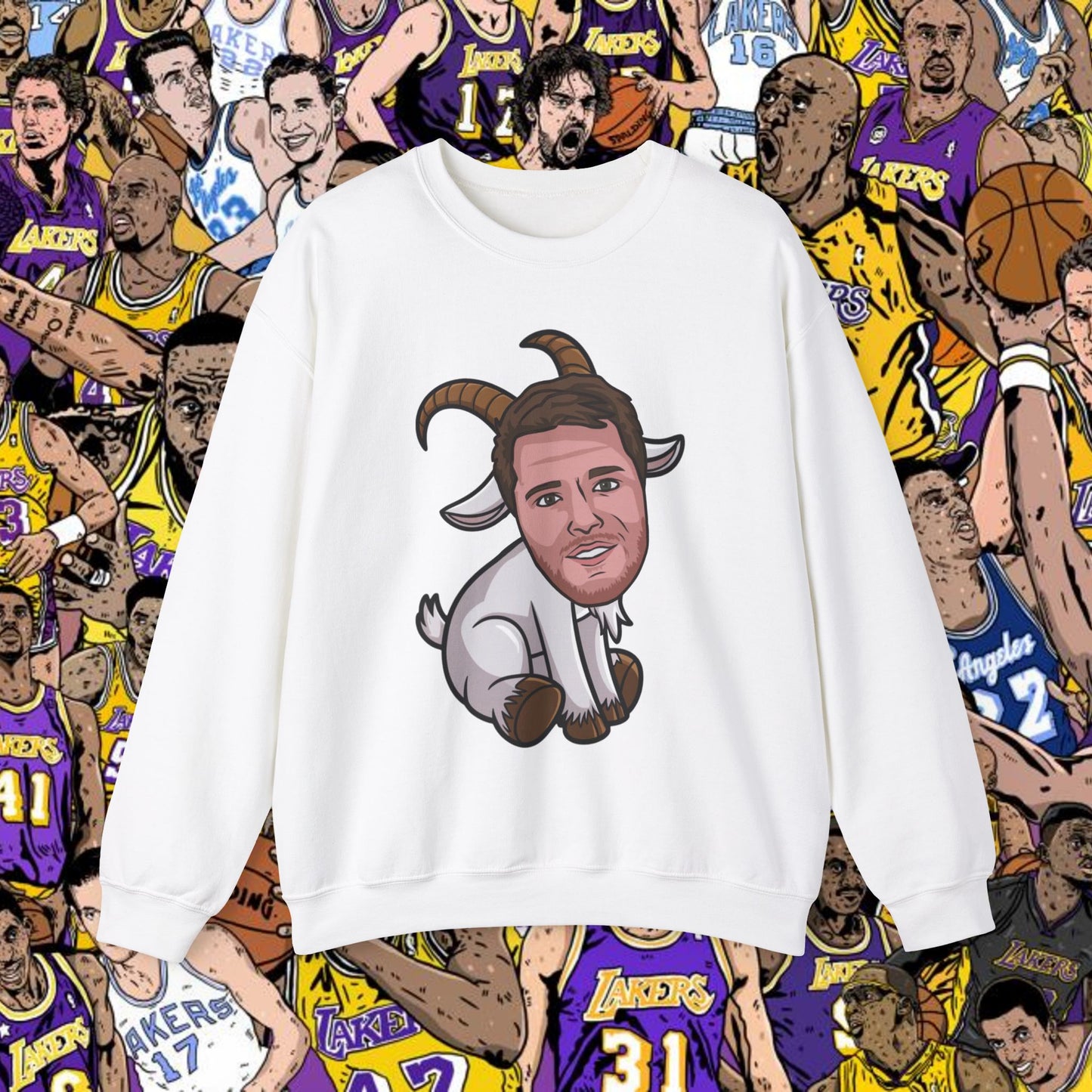 Luka Doncic G.O.A.T. Sweatshirt - Funny Basketball Meme Jumper - Greatest of All Time Pullover for Basketball Fans - Perfect Gift for Luka Fans White Sweatshirts Basketball G.O.A.T. Los Angeles Lakers Luka Doncic NBA Printify