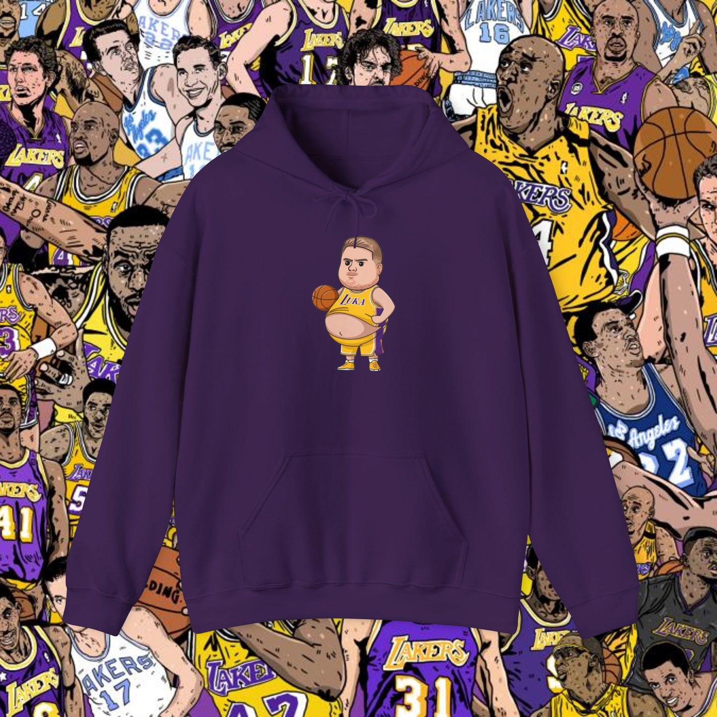 Fat Luka Doncic Los Angeles Lakers NBA Basketball Funny Meme Cartoon - Unisex Hoodie for Lakers Fans Purple Hoodies Basketball Los Angeles Lakers Luka Doncic NBA Printify