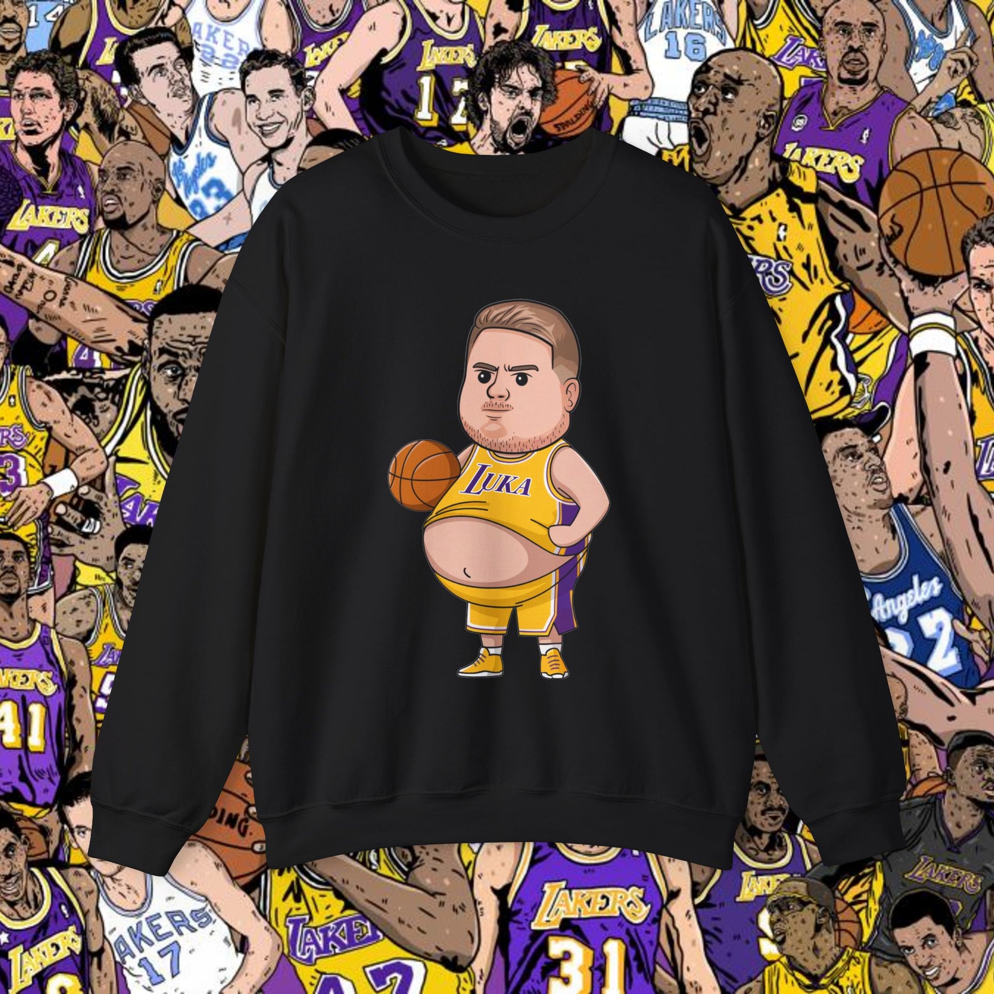 Fat Luka Doncic Los Angeles Lakers NBA Basketball Funny Meme Cartoon Crewneck Sweatshirt Black Sweatshirts Basketball Los Angeles Lakers Luka Doncic NBA Printify