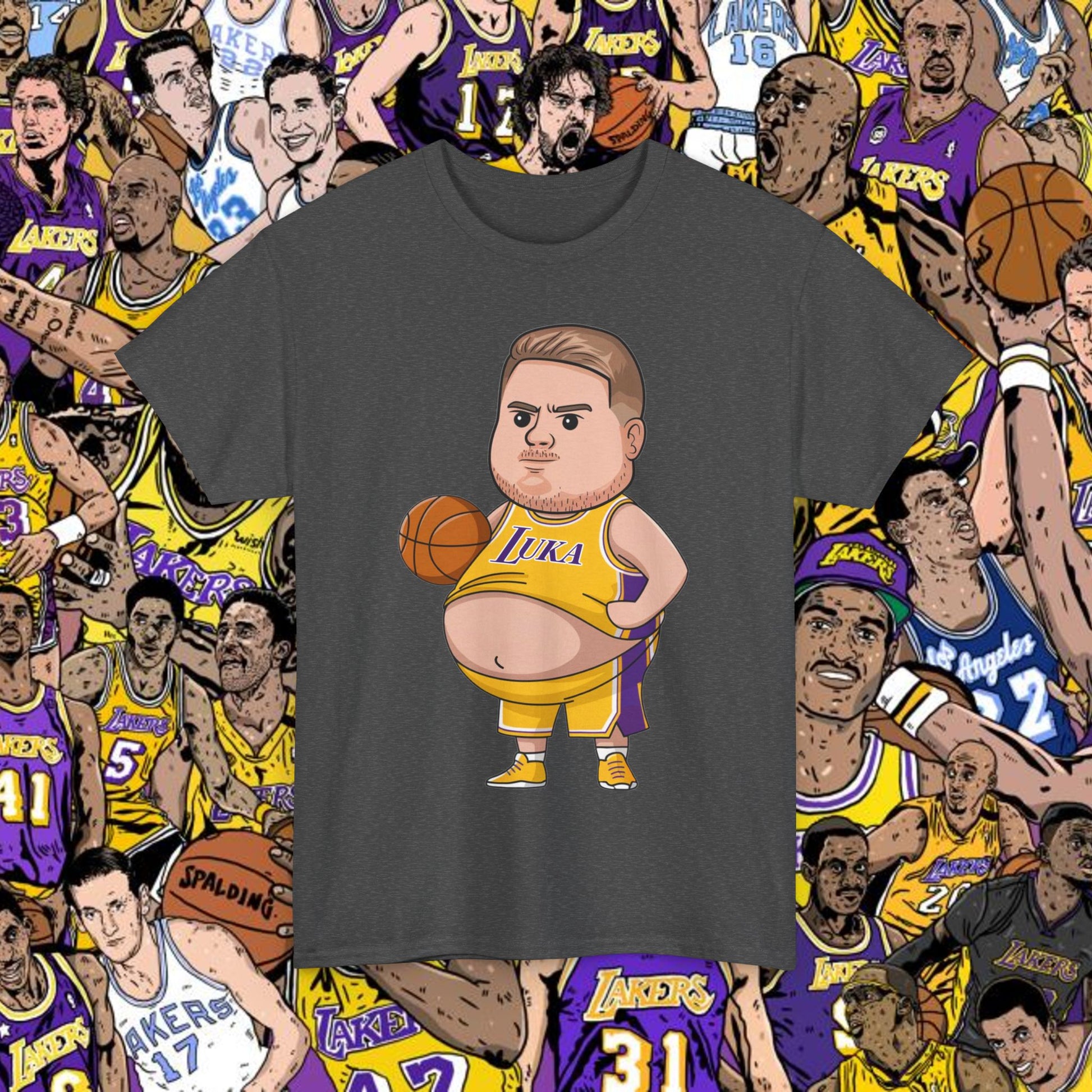 Fat Luka Doncic Los Angeles Lakers NBA Basketball Funny Meme Cartoon Unisex Heavy Cotton Tee Dark Heather T-shirts Basketball Los Angeles Lakers Luka Doncic NBA Printify