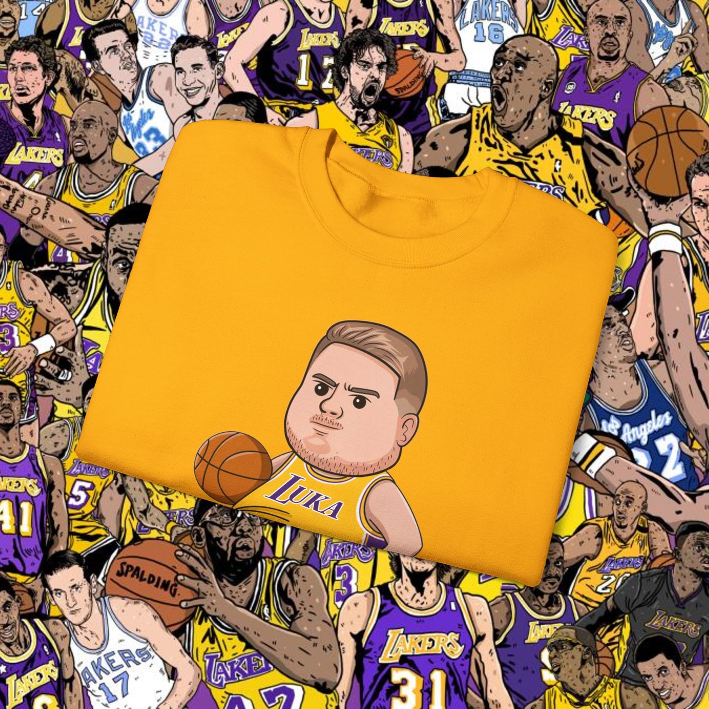 Fat Luka Doncic Los Angeles Lakers NBA Basketball Funny Meme Cartoon Crewneck Sweatshirt Sweatshirts Basketball Los Angeles Lakers Luka Doncic NBA Printify