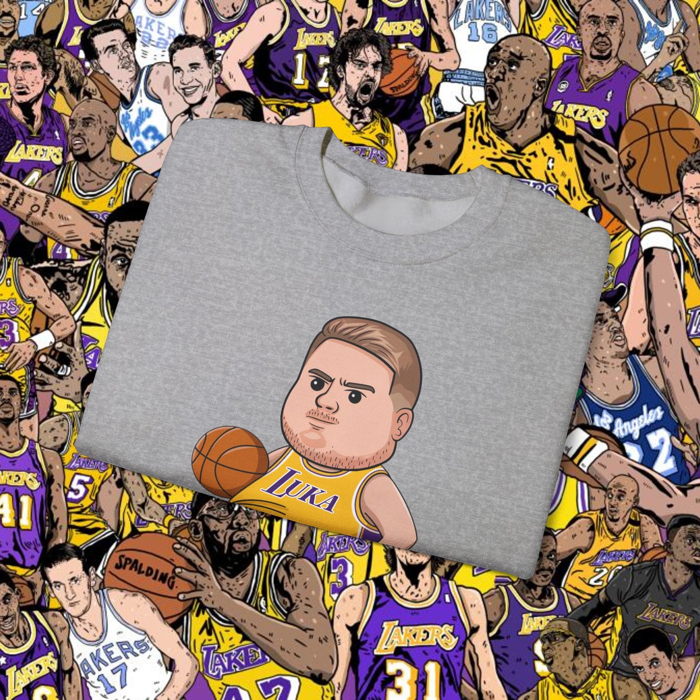 Fat Luka Doncic Los Angeles Lakers NBA Basketball Funny Meme Cartoon Crewneck Sweatshirt Sweatshirts Basketball Los Angeles Lakers Luka Doncic NBA Printify