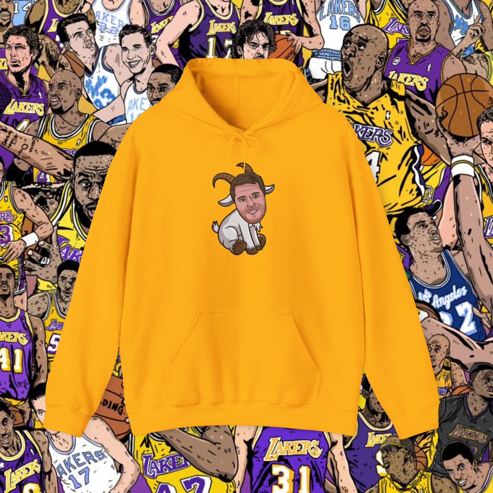 Luka Doncic G.O.A.T. Hoodie - Funny Basketball Meme Sweatshirt - Greatest of All Time Pullover for Basketball Fans - Perfect Gift for Luka Fans Gold Hoodies Basketball G.O.A.T. Los Angeles Lakers Luka Doncic NBA Printify