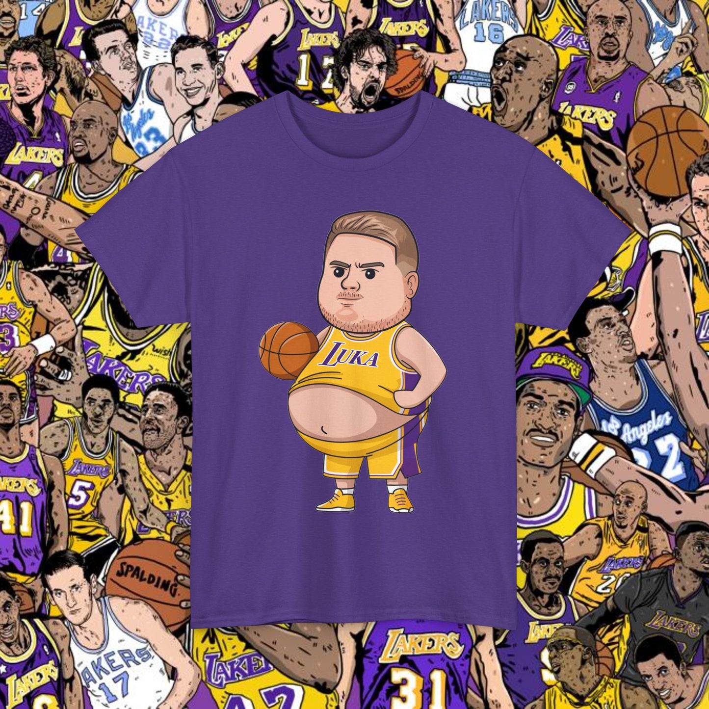 Fat Luka Doncic Los Angeles Lakers NBA Basketball Funny Meme Cartoon Unisex Heavy Cotton Tee Lilac T-shirts Basketball Los Angeles Lakers Luka Doncic NBA Printify