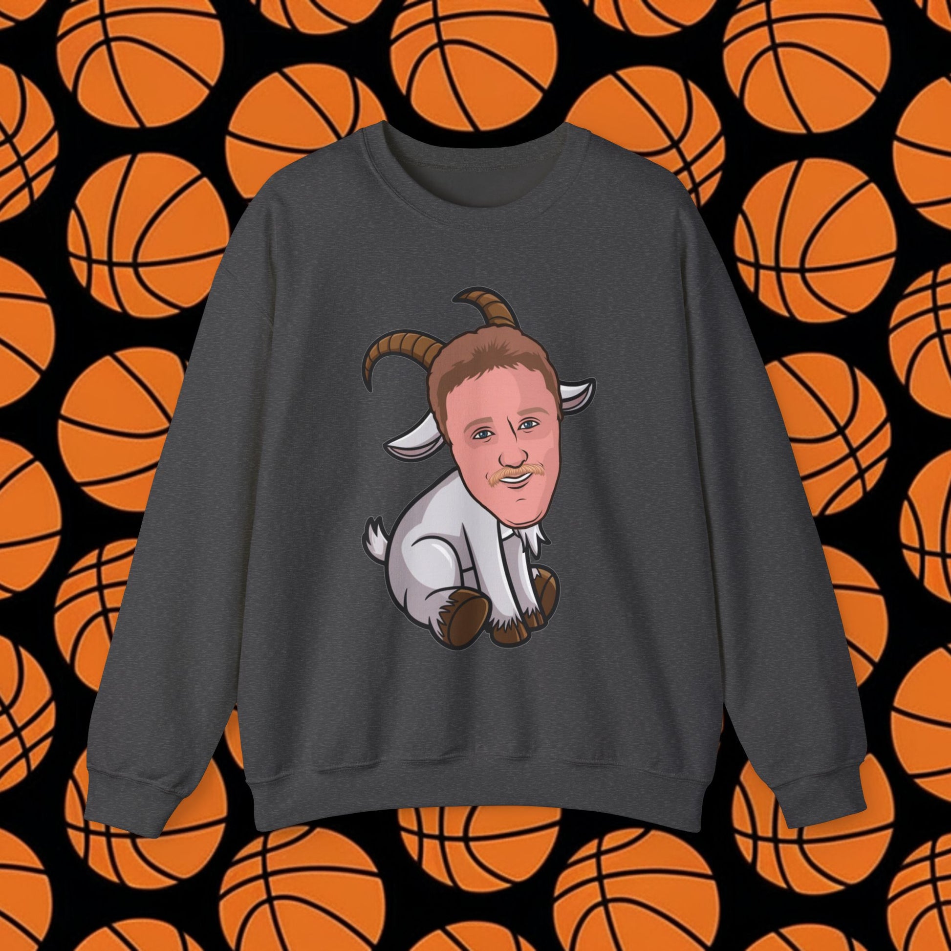 Larry Bird G.O.A.T. Sweatshirt - Funny Basketball Meme Jumper - Greatest of All Time Pullover for Basketball Fans - Perfect Gift for Larry Bird Fans Dark Heather Sweatshirts Basketball Boston Celtics G.O.A.T. Larry Bird NBA Printify