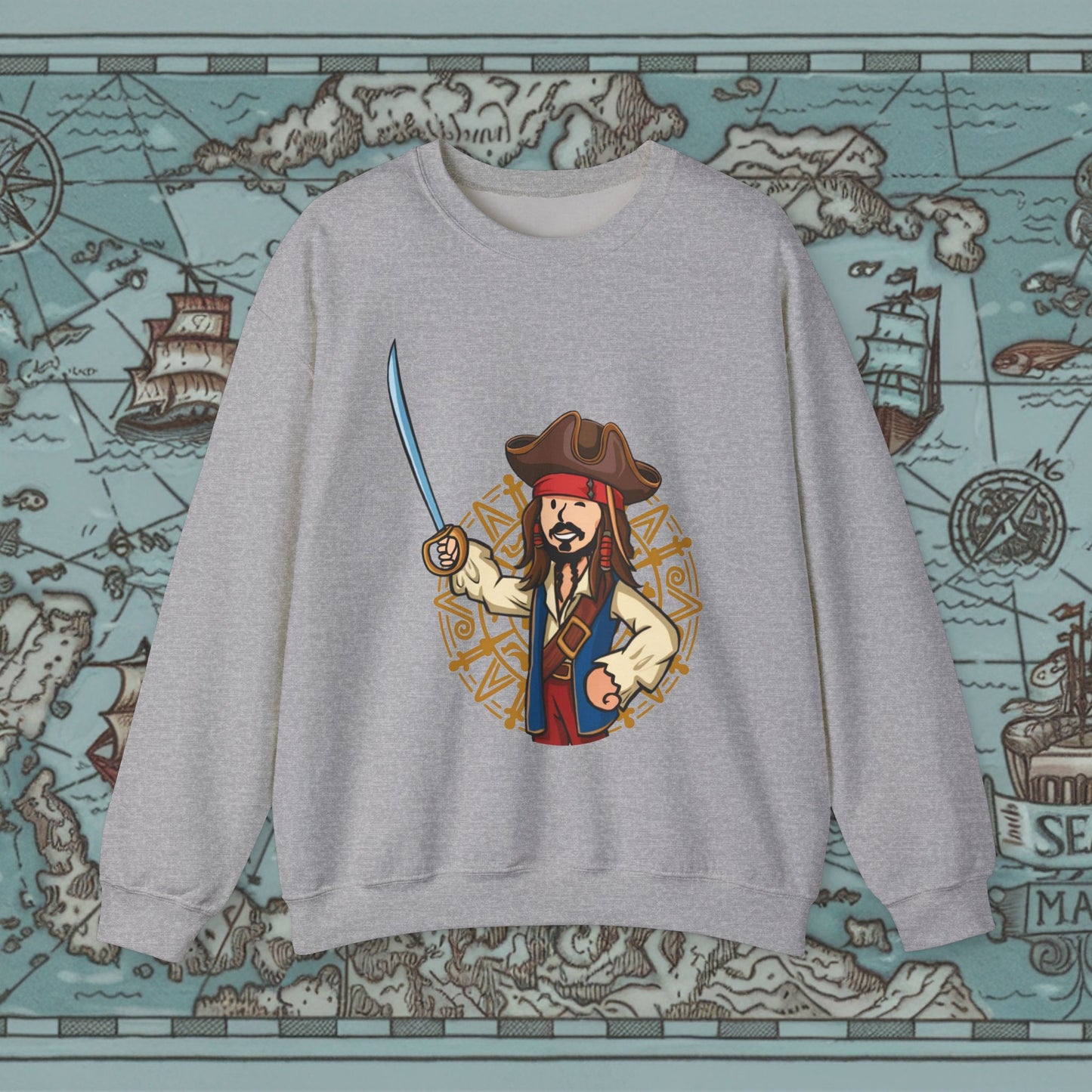 Captain Boy Jack Sparrow Pirates of the Caribbean Vault Boy Fallout Funny Meme Cartoon Mashup Unisex Heavy Blend Crewneck Sweatshirt