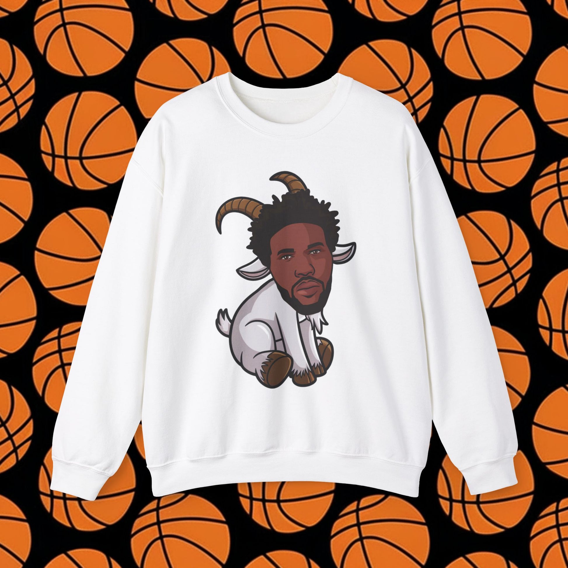 Joel Embiid G.O.A.T. Sweatshirt - Funny Basketball Meme Jumper - Greatest of All Time Pullover for Basketball Fans - Perfect Gift for Joel Embiid Fans White Sweatshirts Basketball G.O.A.T. Joel Embiid NBA Philadelphia 76ers Printify