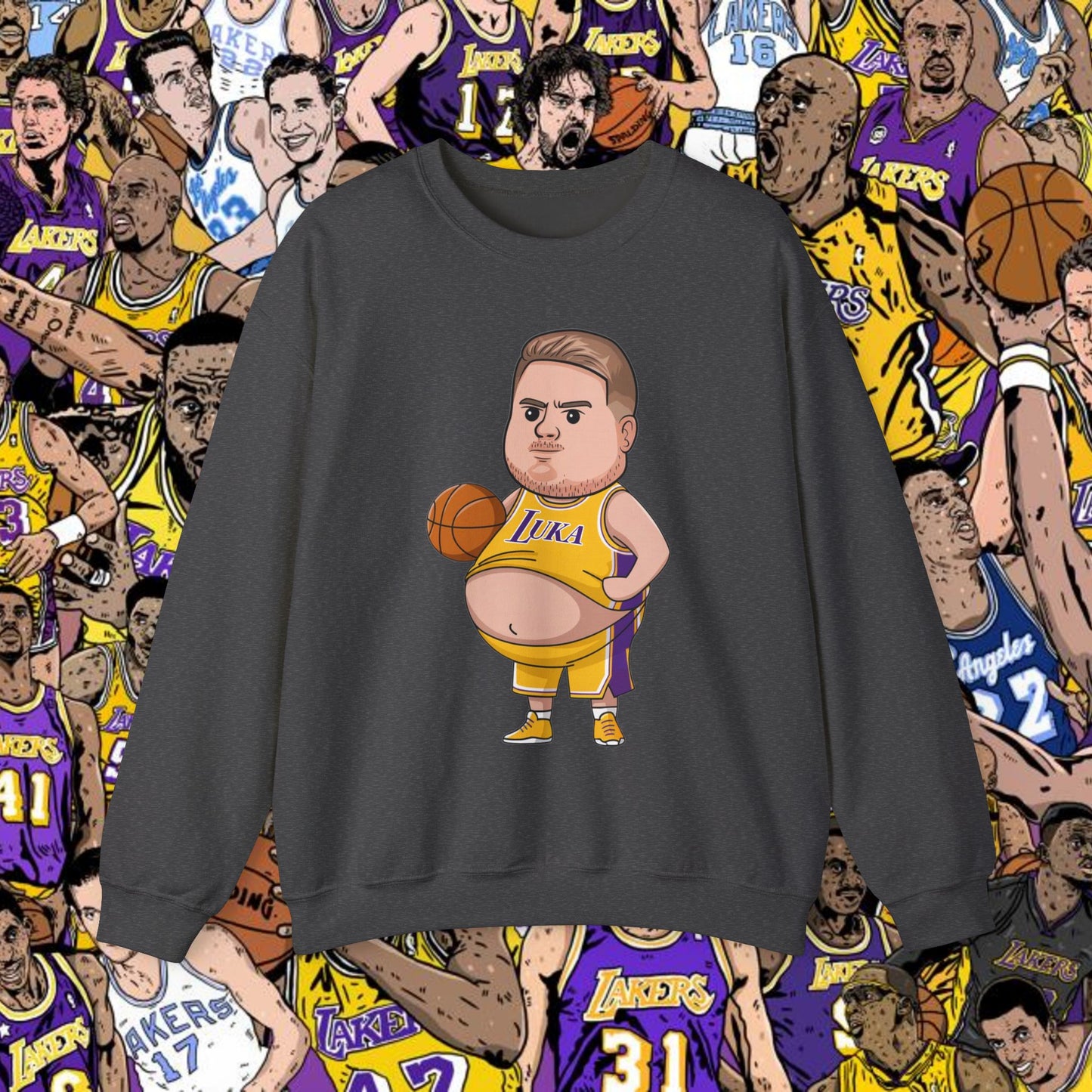 Fat Luka Doncic Los Angeles Lakers NBA Basketball Funny Meme Cartoon Crewneck Sweatshirt Dark Heather Sweatshirts Basketball Los Angeles Lakers Luka Doncic NBA Printify