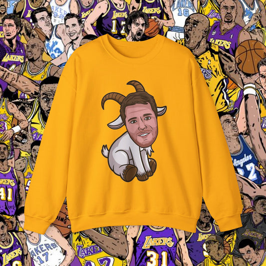 Luka Doncic G.O.A.T. Sweatshirt - Funny Basketball Meme Jumper - Greatest of All Time Pullover for Basketball Fans - Perfect Gift for Luka Fans Gold Sweatshirts Basketball G.O.A.T. Los Angeles Lakers Luka Doncic NBA Printify