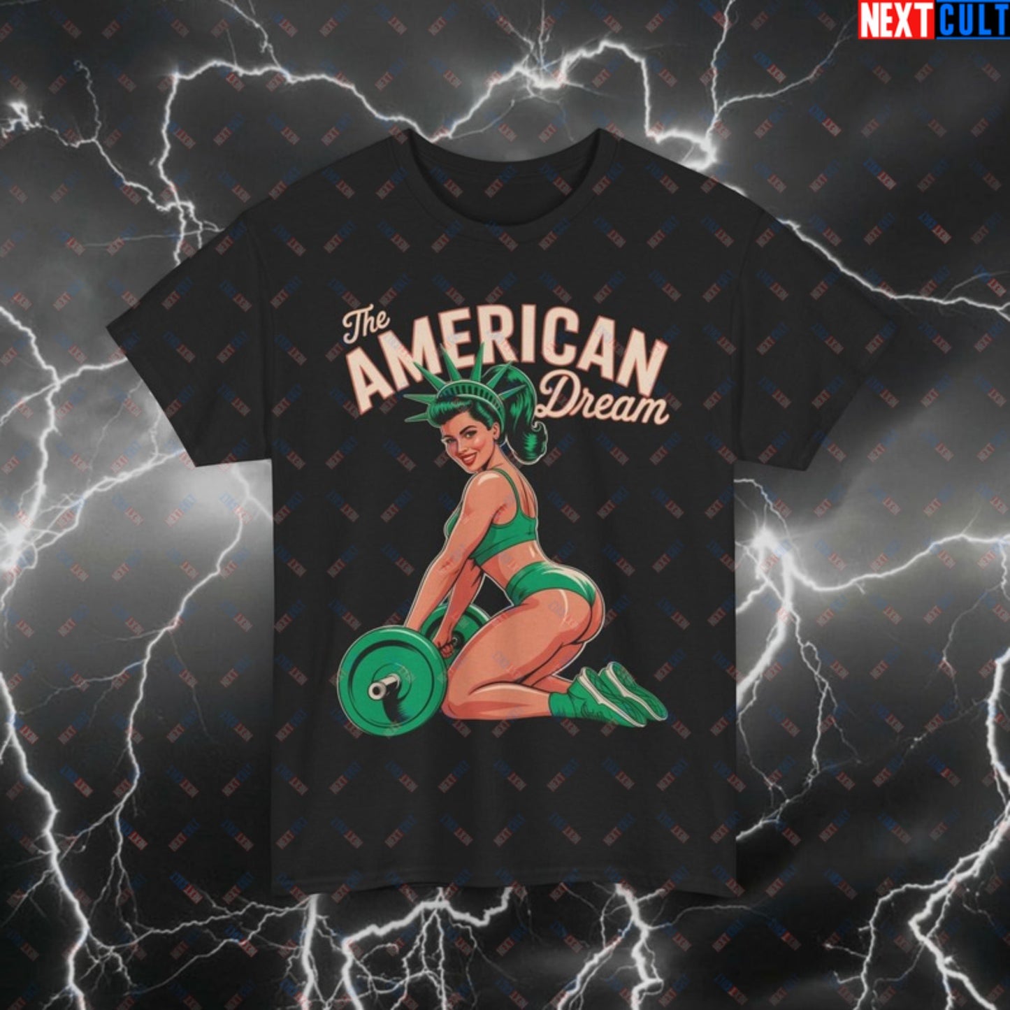 American Dream Lady Funny Gym T-Shirt – Patriotic Statue of Liberty Pump Cover Tee for Lifters & Gymbros (4th of July Fitness Meme Shirt) Black T-shirts 4th of July Fitness Gym Leg Day Pump Cover Statue of Liberty Workout Printify