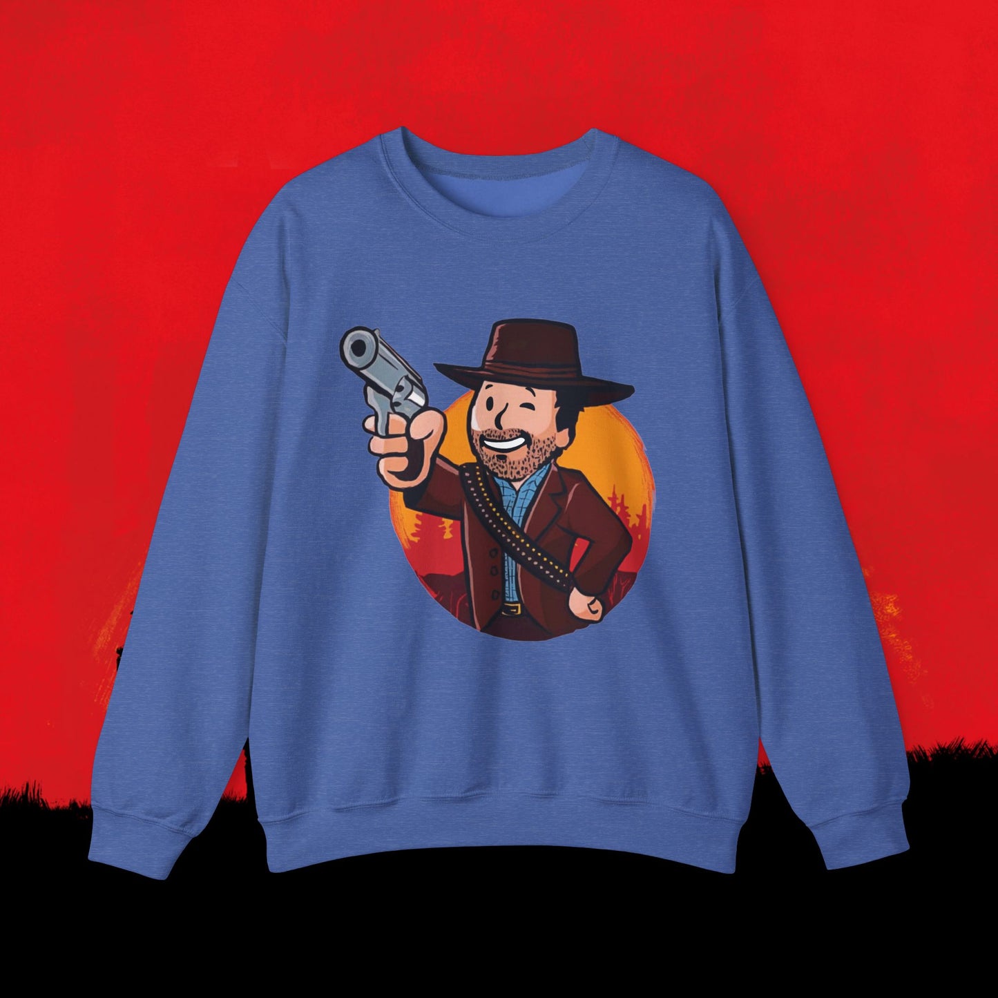 Cowboy Red Dead Redemption Vault Boy Fallout Funny Meme Cartoon Mashup Unisex Heavy Blend Crewneck Sweatshirt