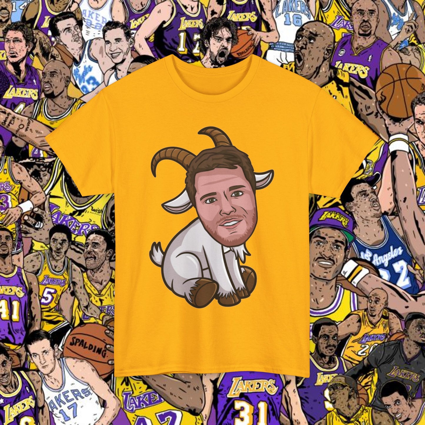 Luka Doncic G.O.A.T. T-Shirt - Funny Basketball Meme Casual Top - Greatest of All Time Tee for Basketball Fans - Perfect Gift for Luka Fans Gold T-shirts Basketball G.O.A.T. Los Angeles Lakers Luka Doncic NBA Printify