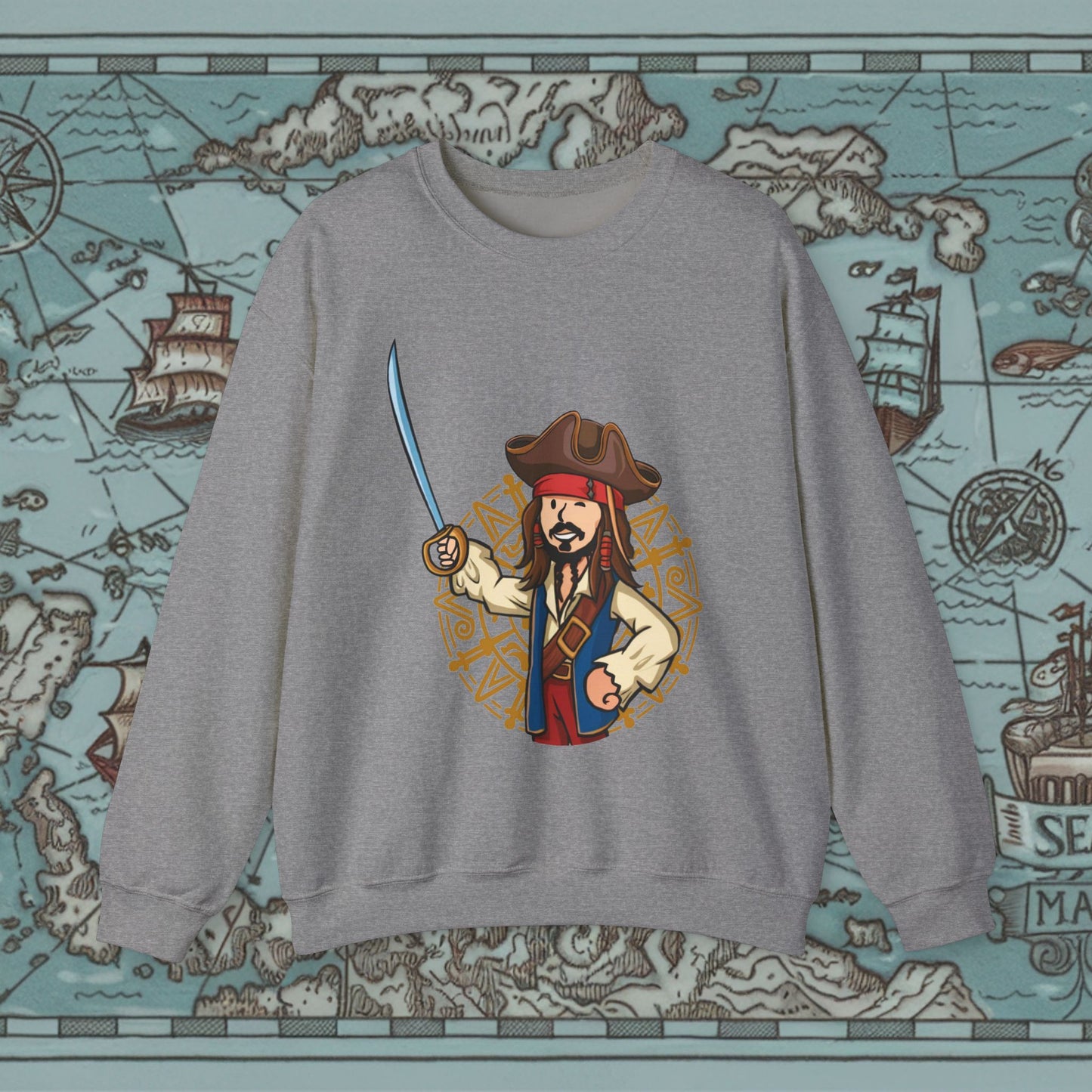 Captain Boy Jack Sparrow Pirates of the Caribbean Vault Boy Fallout Funny Meme Cartoon Mashup Unisex Heavy Blend Crewneck Sweatshirt