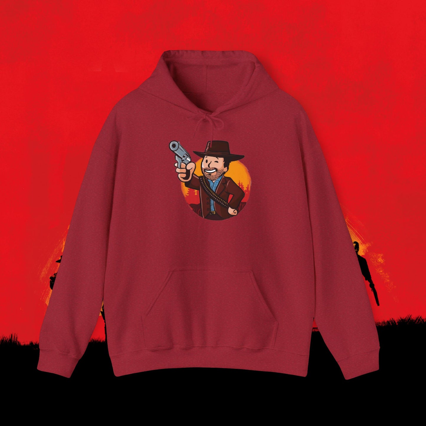 Cowboy Red Dead Redemption Vault Boy Fallout Funny Meme Cartoon Mashup Unisex Heavy Blend Hooded Sweatshirt