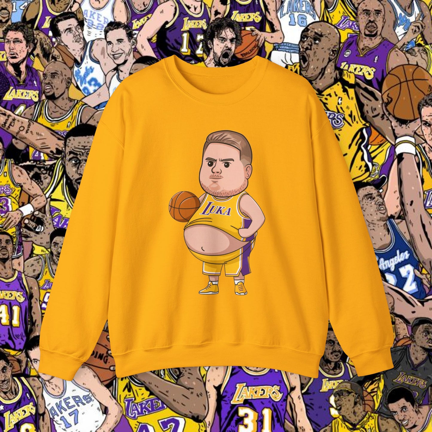 Fat Luka Doncic Los Angeles Lakers NBA Basketball Funny Meme Cartoon Crewneck Sweatshirt Gold Sweatshirts Basketball Los Angeles Lakers Luka Doncic NBA Printify