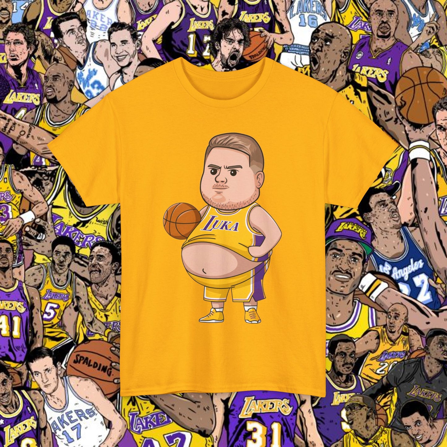 Fat Luka Doncic Los Angeles Lakers NBA Basketball Funny Meme Cartoon Unisex Heavy Cotton Tee Gold T-shirts Basketball Los Angeles Lakers Luka Doncic NBA Printify