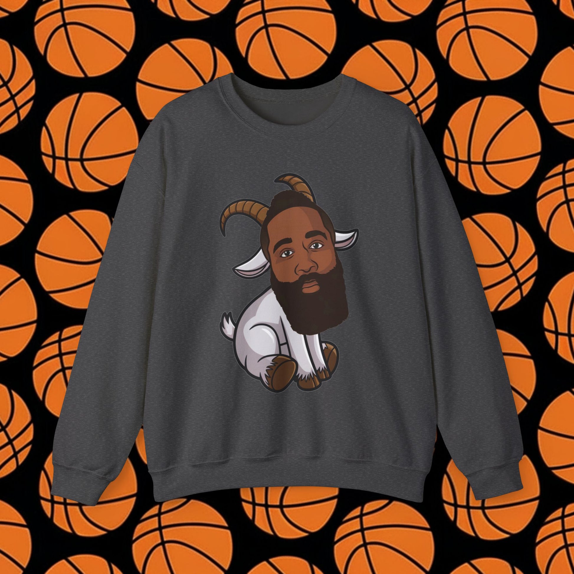 James Harden G.O.A.T. Sweatshirt - Funny Basketball Meme Jumper - Greatest of All Time Pullover for Basketball Fans - Perfect Gift for Harden Fans Dark Heather Sweatshirts Basketball G.O.A.T. Houston Rockets James Harden Los Angeles Clippers NBA Printify