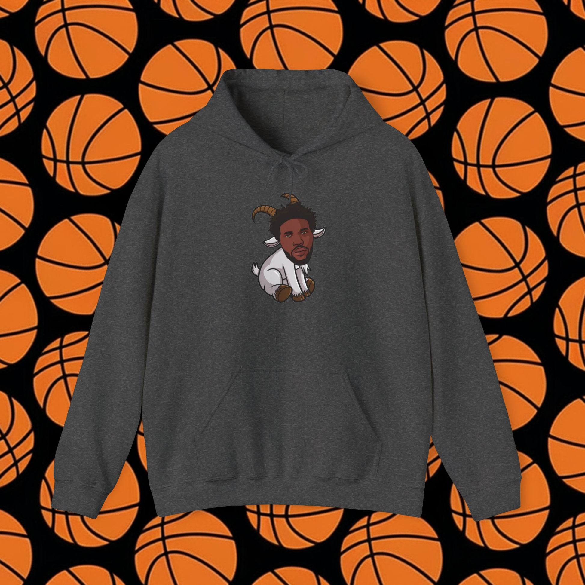 Joel Embiid G.O.A.T. Hoodie - Funny Basketball Meme Sweatshirt - Greatest of All Time Pullover for Basketball Fans - Perfect Gift for Joel Embiid Fans Dark Heather Hoodies Basketball G.O.A.T. Joel Embiid NBA Philadelphia 76ers Printify