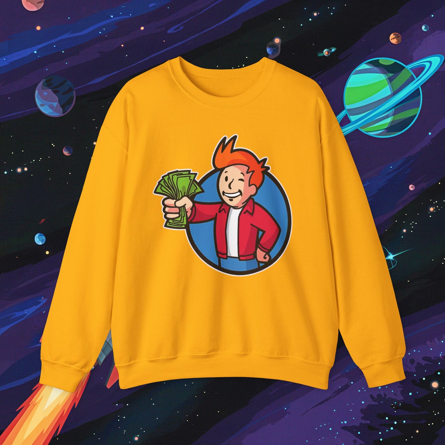 Shut Up And Take My Money Fry Boy Futurama Vault Boy Fallout Funny Cartoon Mashup Unisex Heavy Blend Crewneck Sweatshirt