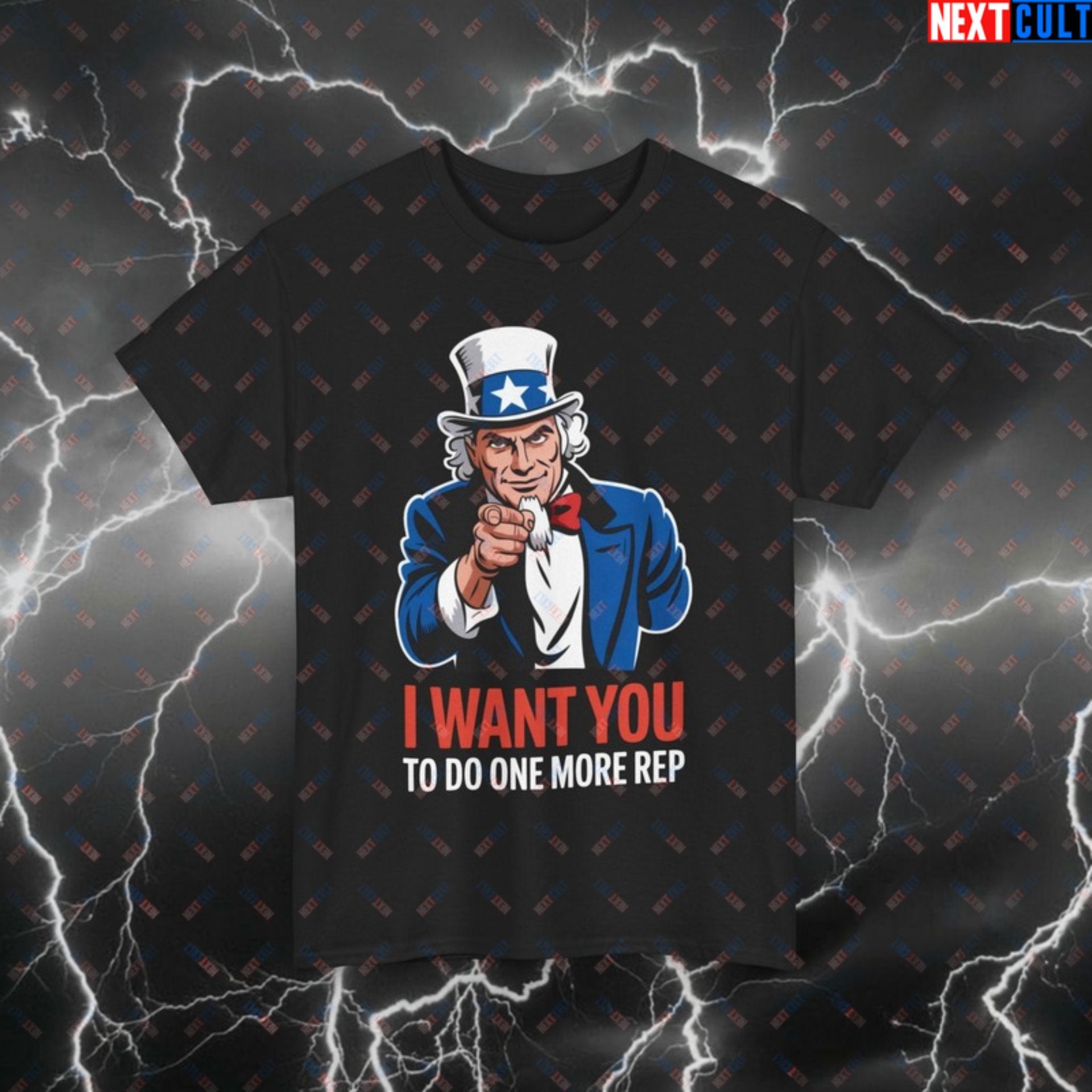 Funny Gym Shirt - I Want You To Do One More Rep Uncle Sam Patriotic Workout Tee - 4th of July Pump Cover T-Shirt for Lifters Black T-shirts 4th of July Bodybuilding Fitness Gym Pump Cover Uncle Sam Workout Printify