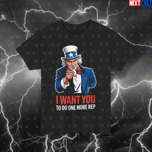 Funny Gym Shirt - I Want You To Do One More Rep Uncle Sam Patriotic Workout Tee - 4th of July Pump Cover T-Shirt for Lifters Black T-shirts 4th of July Bodybuilding Fitness Gym Pump Cover Uncle Sam Workout Printify