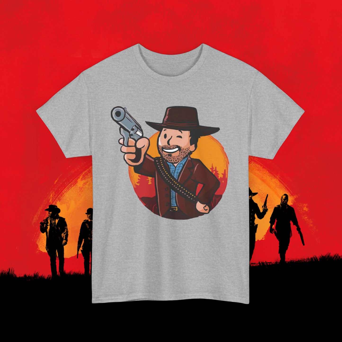 Cowboy Red Dead Redemption Vault Boy Fallout Funny Meme Cartoon Mashup Unisex Heavy Cotton Tee