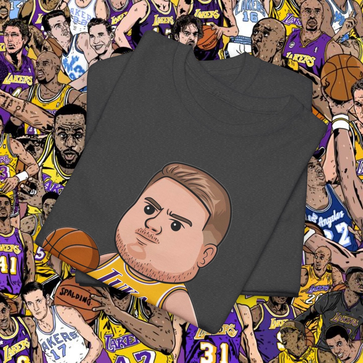 Fat Luka Doncic Los Angeles Lakers NBA Basketball Funny Meme Cartoon Unisex Heavy Cotton Tee T-shirts Basketball Los Angeles Lakers Luka Doncic NBA Printify