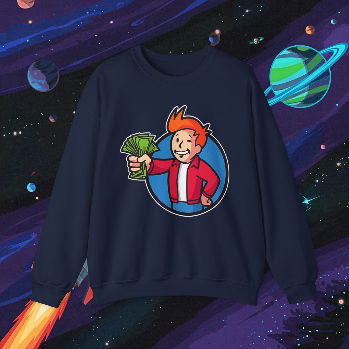 Shut Up And Take My Money Fry Boy Futurama Vault Boy Fallout Funny Cartoon Mashup Unisex Heavy Blend Crewneck Sweatshirt