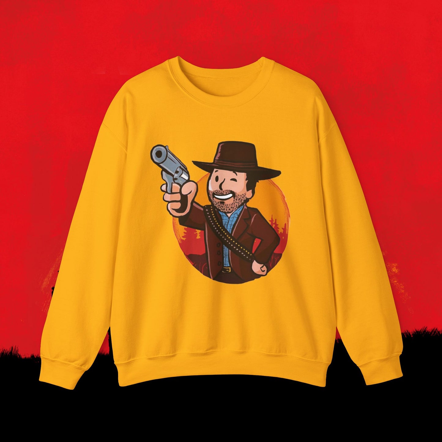 Cowboy Red Dead Redemption Vault Boy Fallout Funny Meme Cartoon Mashup Unisex Heavy Blend Crewneck Sweatshirt