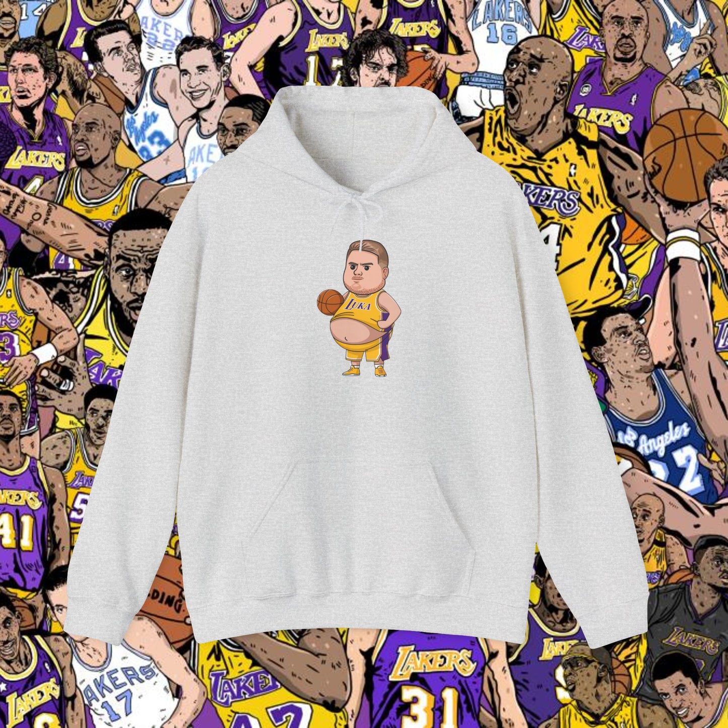 Fat Luka Doncic Los Angeles Lakers NBA Basketball Funny Meme Cartoon - Unisex Hoodie for Lakers Fans Ash Hoodies Basketball Los Angeles Lakers Luka Doncic NBA Printify