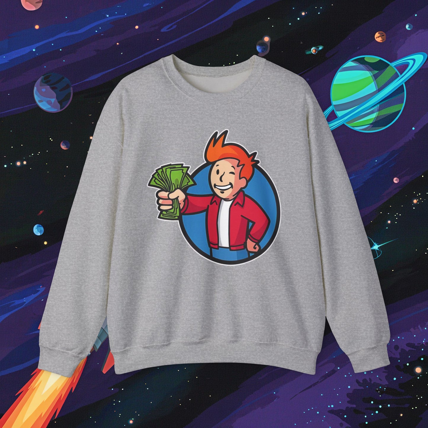 Shut Up And Take My Money Fry Boy Futurama Vault Boy Fallout Funny Cartoon Mashup Unisex Heavy Blend Crewneck Sweatshirt