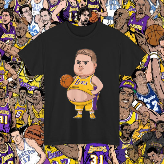 Fat Luka Doncic Los Angeles Lakers NBA Basketball Funny Meme Cartoon Unisex Heavy Cotton Tee Black T-shirts Basketball Los Angeles Lakers Luka Doncic NBA Printify