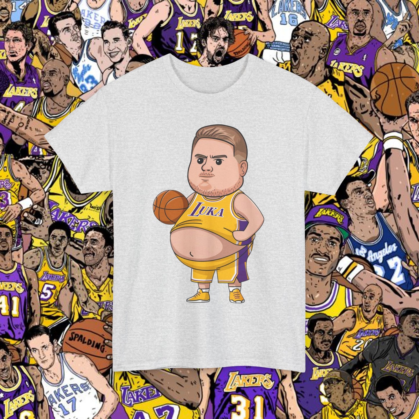 Fat Luka Doncic Los Angeles Lakers NBA Basketball Funny Meme Cartoon Unisex Heavy Cotton Tee Ash T-shirts Basketball Los Angeles Lakers Luka Doncic NBA Printify