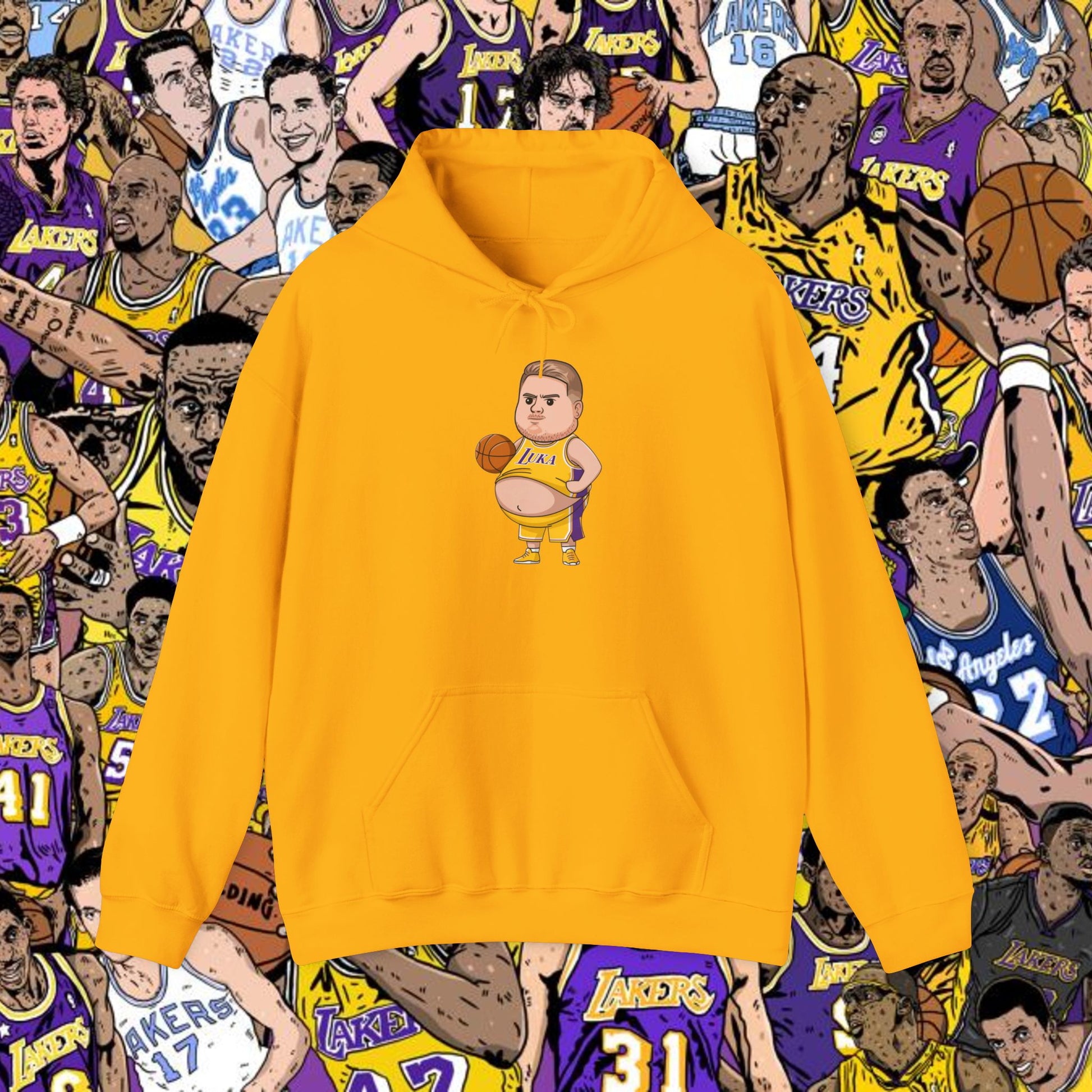 Fat Luka Doncic Los Angeles Lakers NBA Basketball Funny Meme Cartoon - Unisex Hoodie for Lakers Fans Gold Hoodies Basketball Los Angeles Lakers Luka Doncic NBA Printify