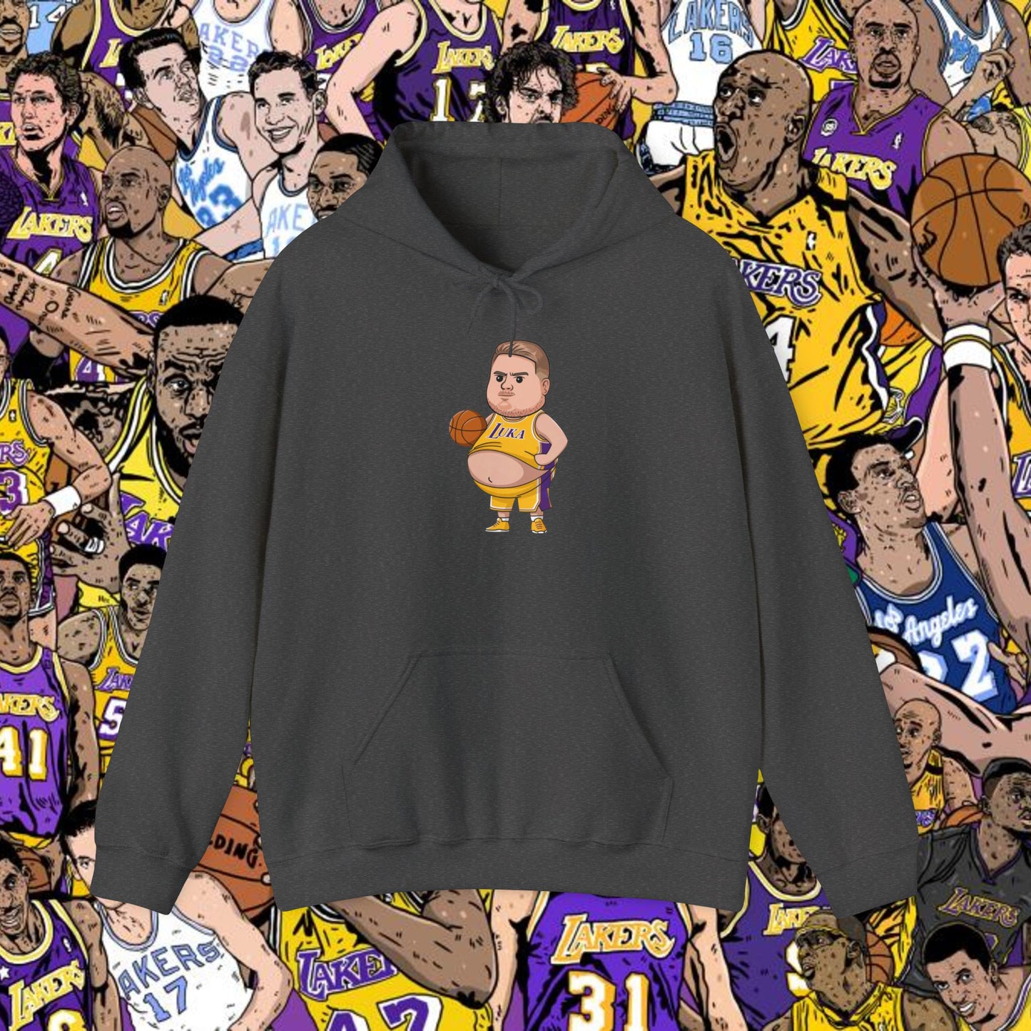 Fat Luka Doncic Los Angeles Lakers NBA Basketball Funny Meme Cartoon - Unisex Hoodie for Lakers Fans Dark Heather Hoodies Basketball Los Angeles Lakers Luka Doncic NBA Printify