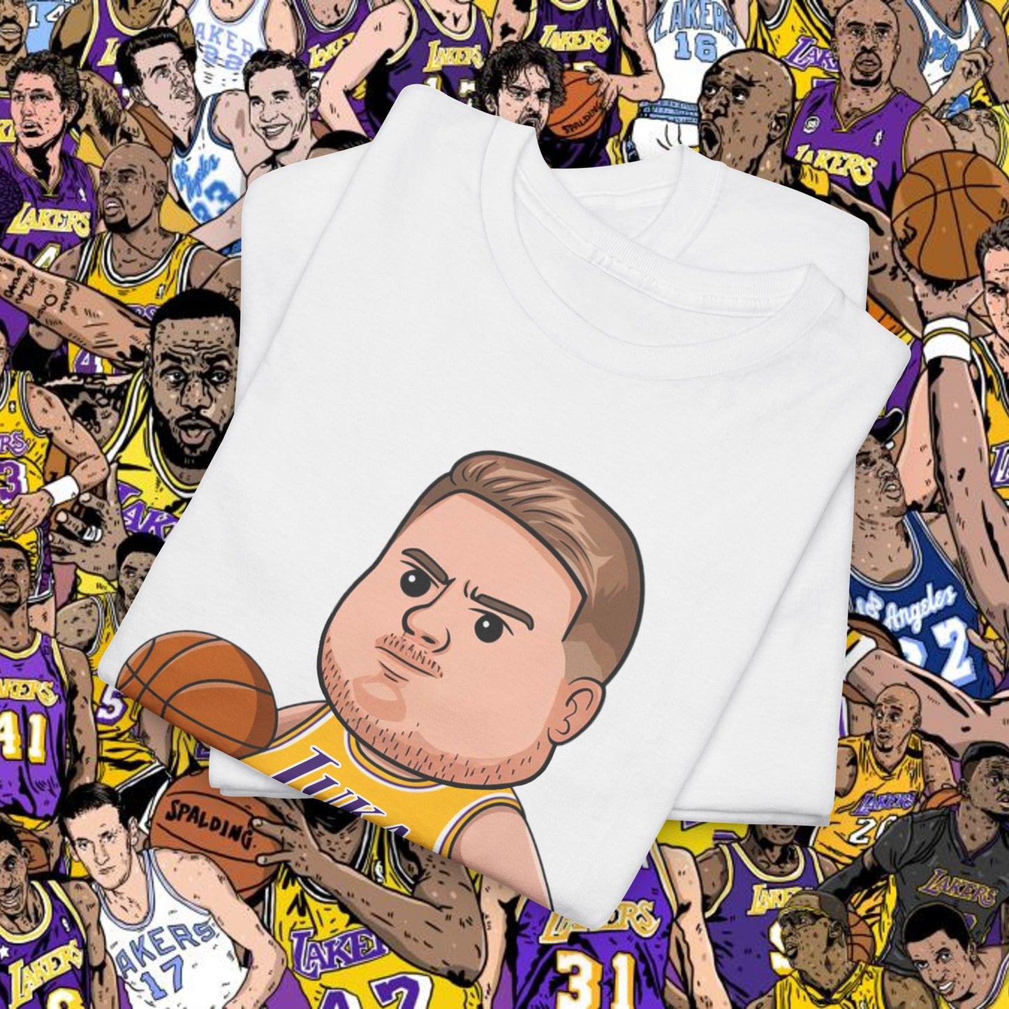 Fat Luka Doncic Los Angeles Lakers NBA Basketball Funny Meme Cartoon Unisex Heavy Cotton Tee T-shirts Basketball Los Angeles Lakers Luka Doncic NBA Printify