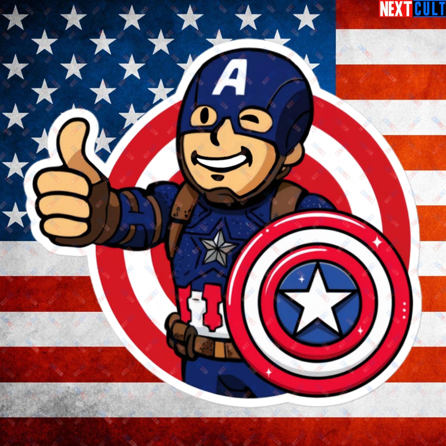 America Boy Captain America Vault Boy Fallout Funny Cartoon Mashup Bubble-free stickers Next Cult Brand