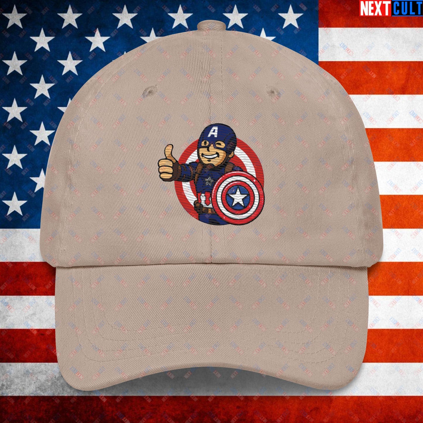 America Boy Captain America Vault Boy Fallout Funny Cartoon Mashup Dad hat Stone Hats Captain America Chris Evans Movies Superheroes Next Cult Brand