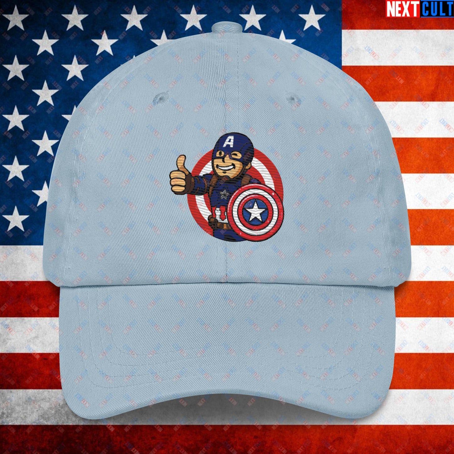 America Boy Captain America Vault Boy Fallout Funny Cartoon Mashup Dad hat Next Cult Brand